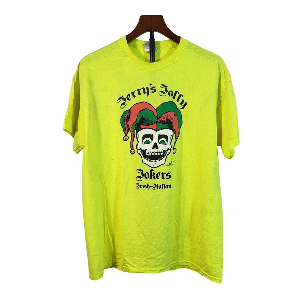 Gildan Mens Jerry's Jolly Jokers Irish-Italian Skull Jester T-Shirt Neon Yellow